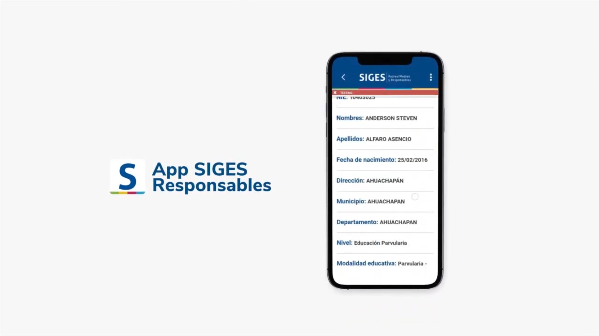 Cell phone screen with the SIGES Family Responsible App
